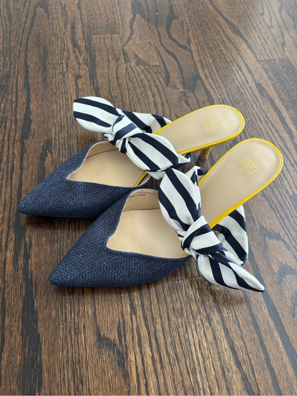 CAbi Bow Kitten Heel Mules Pointed Toe Navy Slip-On Heels Striped Knot size 9